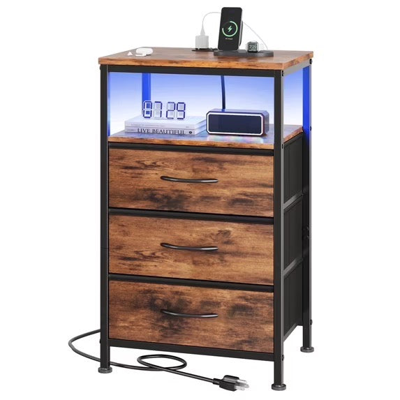 Nightstand with Charging Station – Bedside Table with 3/4/5 Fabric Drawers, LED Strip & USB/Type-C Ports