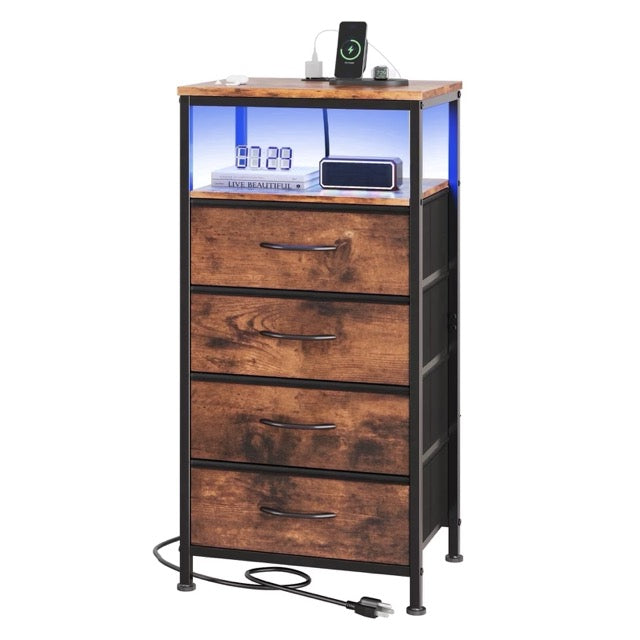 Nightstand with Charging Station – Bedside Table with 3/4/5 Fabric Drawers, LED Strip & USB/Type-C Ports