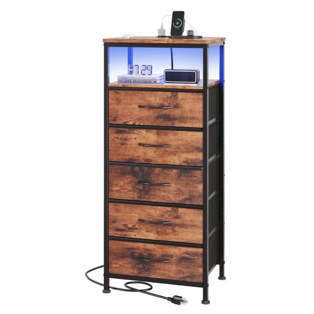 Nightstand with Charging Station – Bedside Table with 3/4/5 Fabric Drawers, LED Strip & USB/Type-C Ports