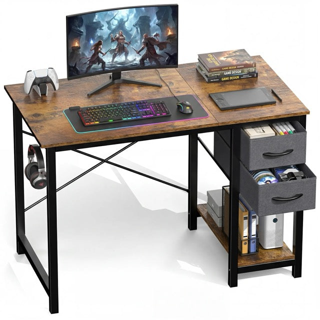 Computer Desk with Fabric Drawers & Side Hook – 47" Wooden Study & Home Office Desk