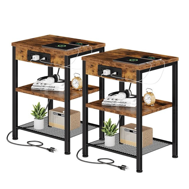 15.7" Side Table with Charging Station – 3-Tier Adjustable Bedside Table with AC Outlets, USB & Type-C