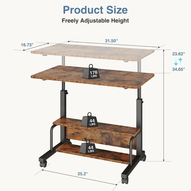 31.5" Adjustable Height Standing Desk with Lockable Wheels & Dual-Layer Storage