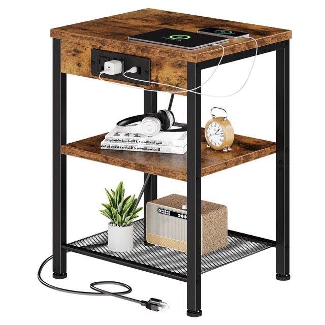 15.7" Side Table with Charging Station – 3-Tier Adjustable Bedside Table with AC Outlets, USB & Type-C