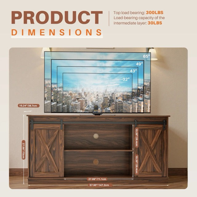 65" TV Stand with Sliding Doors | Double-Layer Storage Entertainment Center for Living Room