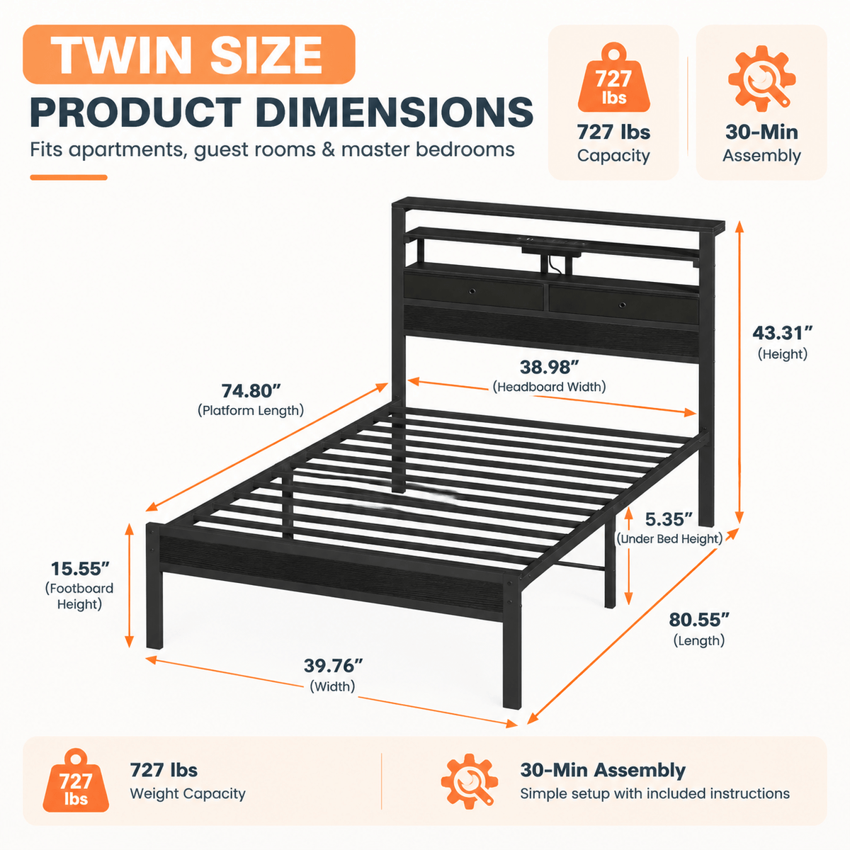 Platform Bed Frame with LED Lights, Charging Station & Storage Drawers – Twin, Full, Queen & King
