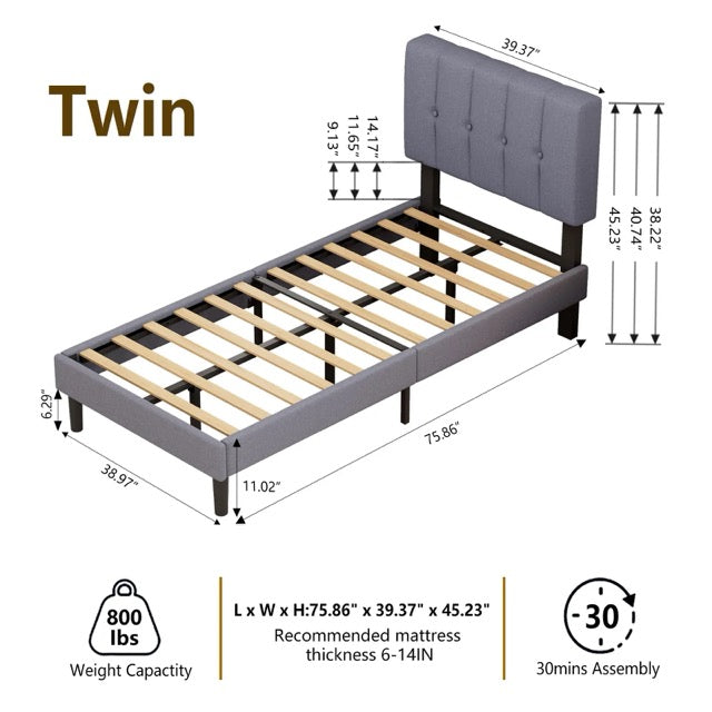 Fabric Upholstered Platform Bed Adjustable Headboard
