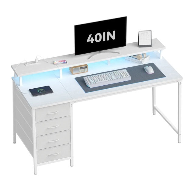 LED Computer Desk with Drawers and Charging
