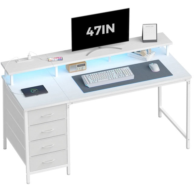 LED Computer Desk with Drawers and Charging