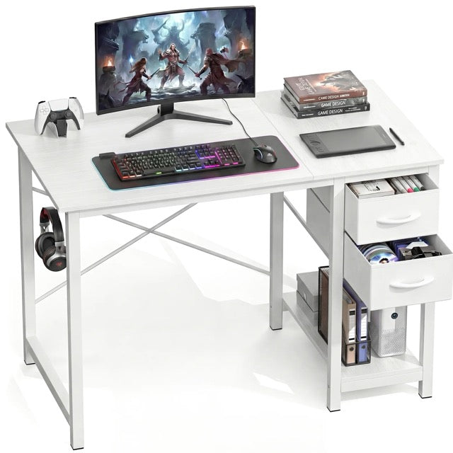 Computer Desk with Fabric Drawers & Side Hook – 47" Wooden Study & Home Office Desk
