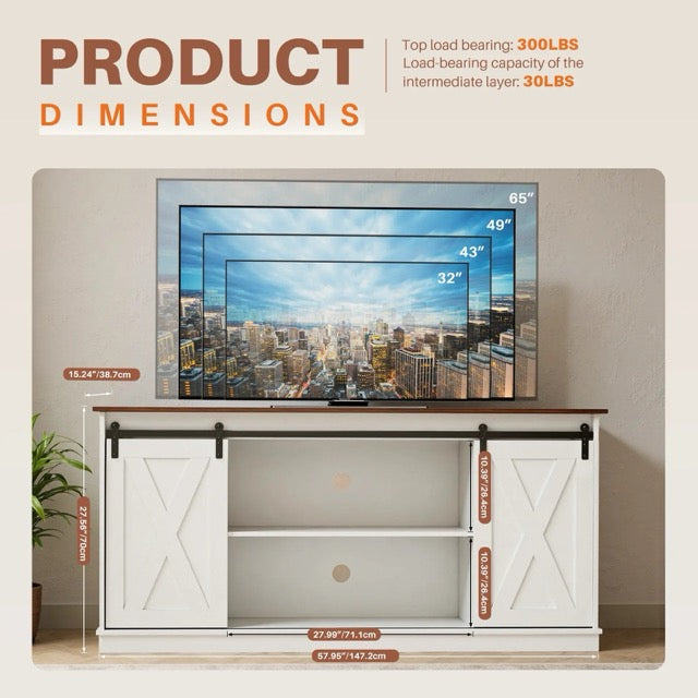 65" TV Stand with Sliding Doors | Double-Layer Storage Entertainment Center for Living Room