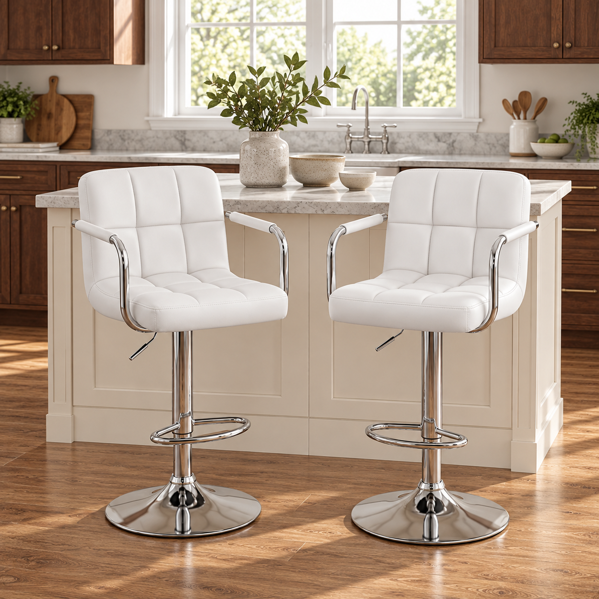 Adjustable Swivel Bar Stools with Padded Arms & PU Leather for Kitchen Island