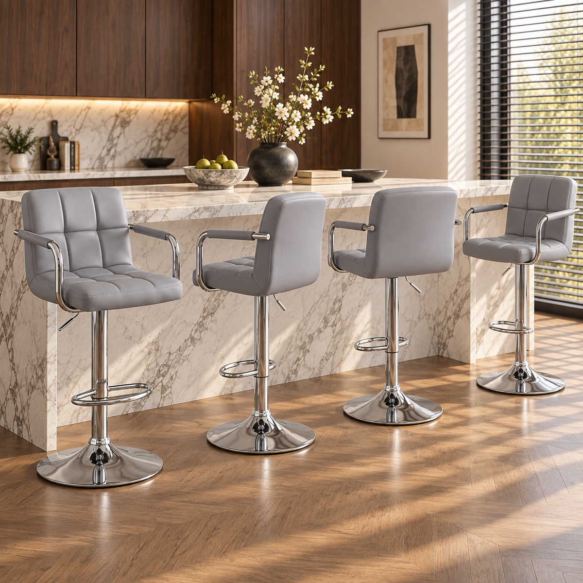 Adjustable Swivel Bar Stools with Padded Arms & PU Leather for Kitchen Island