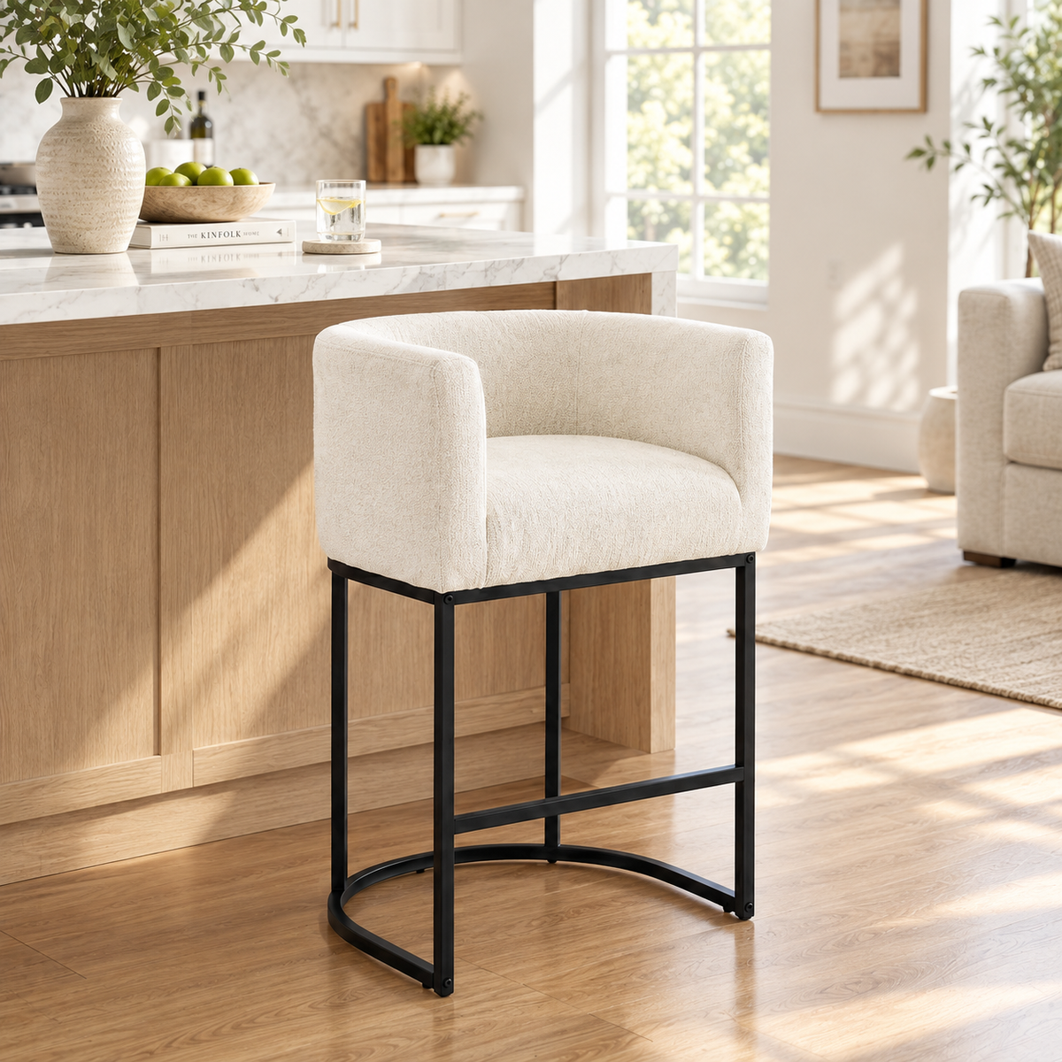 26 inch Upholstered Barrel-Back Bar Stools with Arms & Metal Sled Base