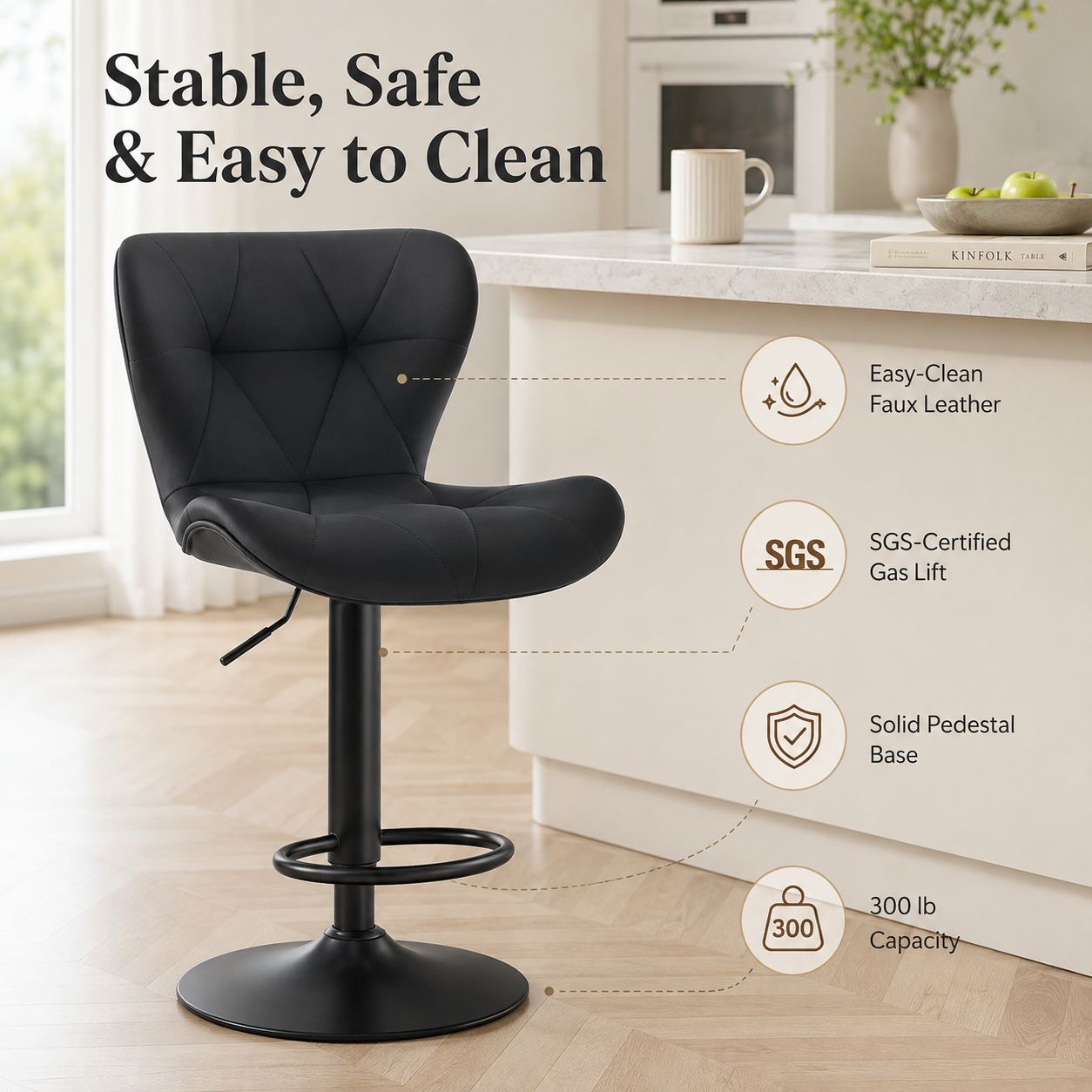 Faux Leather Diamond-Quilted Bar Stools Set of 2