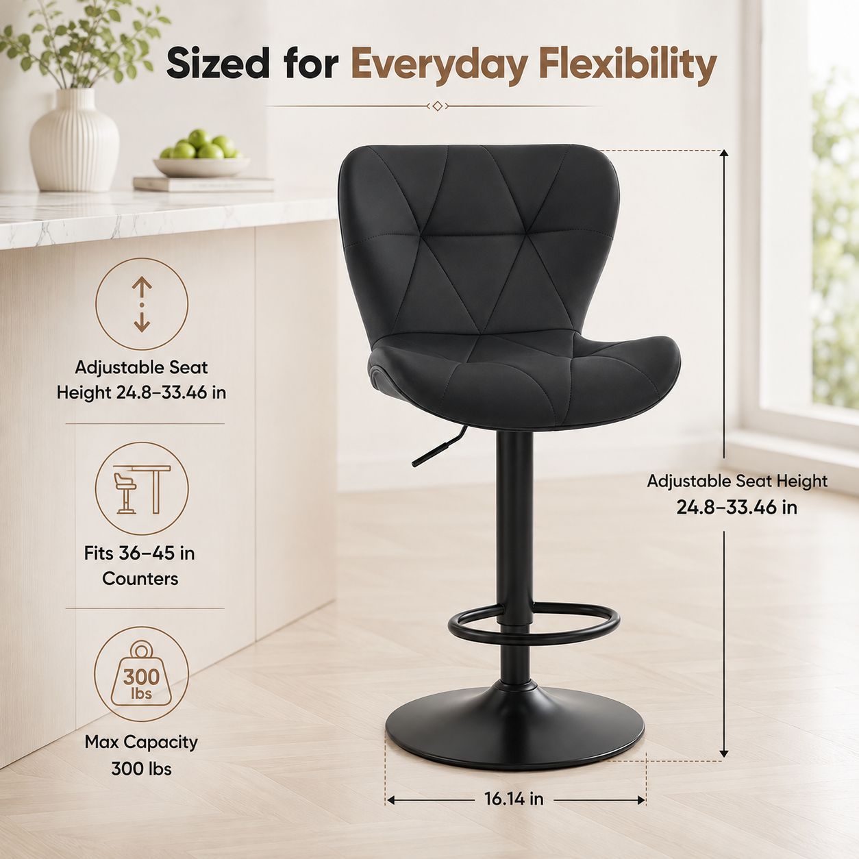 Faux Leather Diamond-Quilted Bar Stools Set of 2