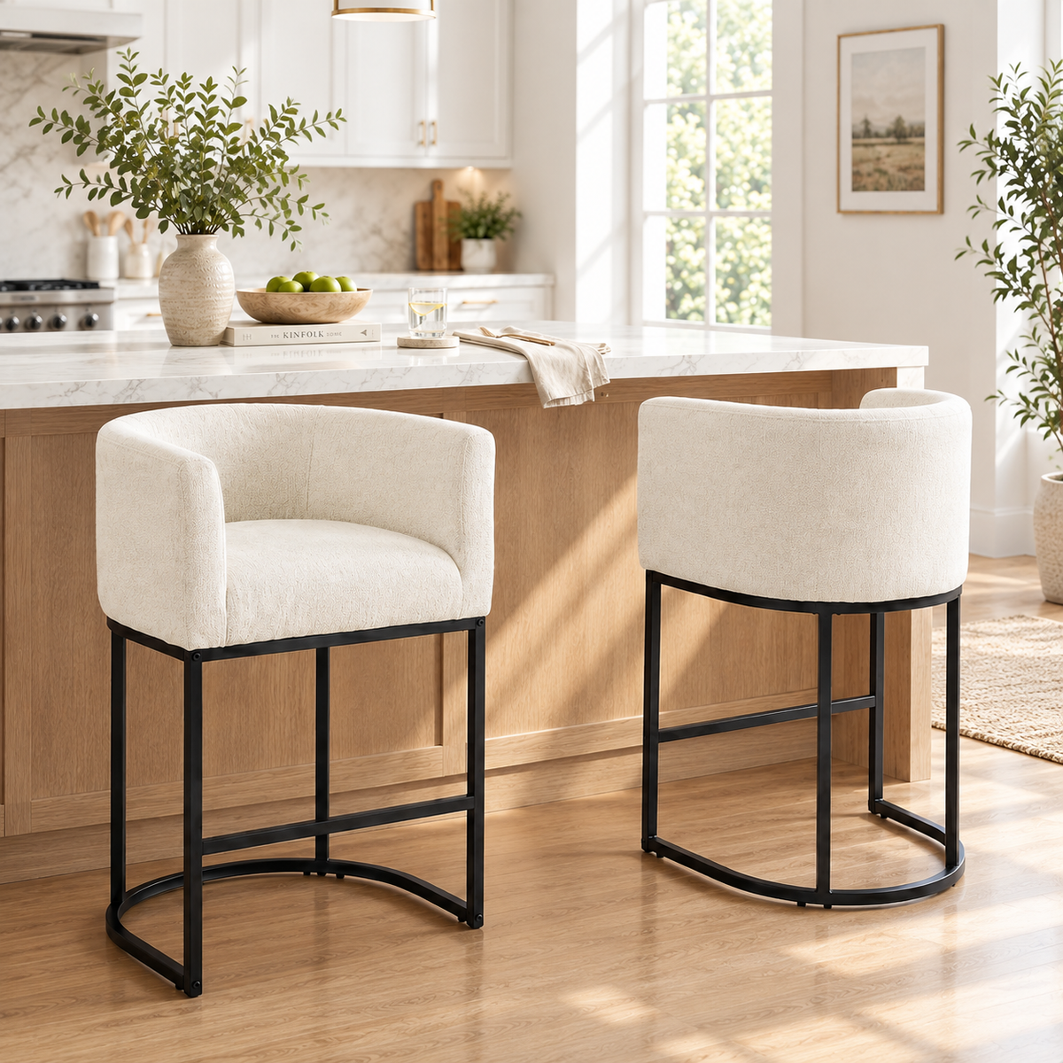 26 inch Upholstered Barrel-Back Bar Stools with Arms & Metal Sled Base