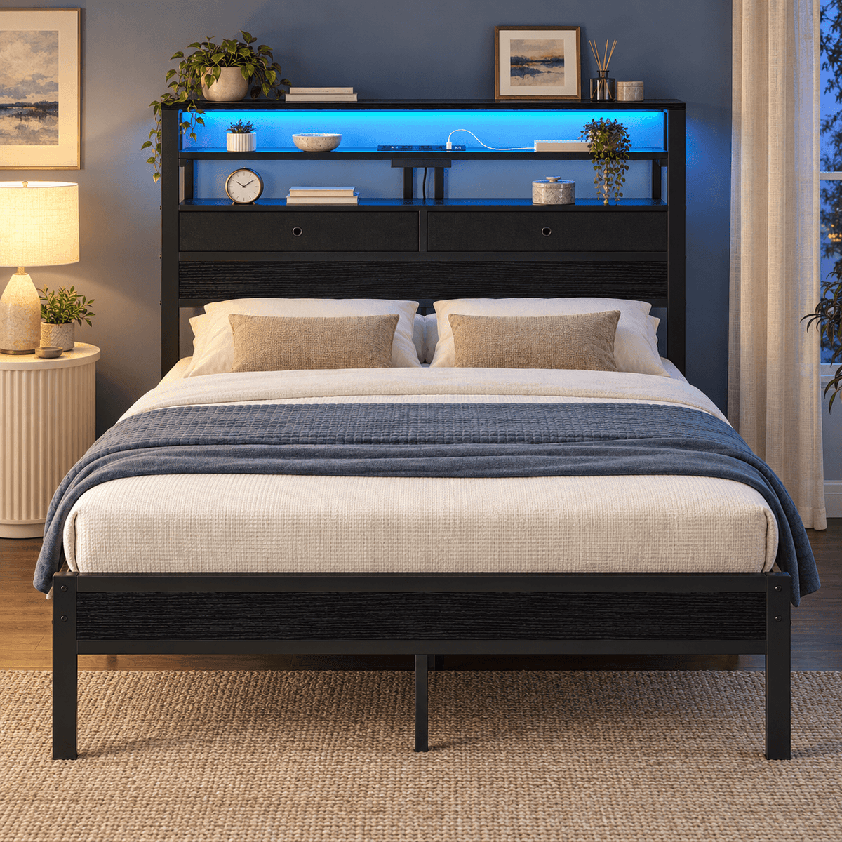 Platform Bed Frame with LED Lights, Charging Station & Storage Drawers – Twin, Full, Queen & King