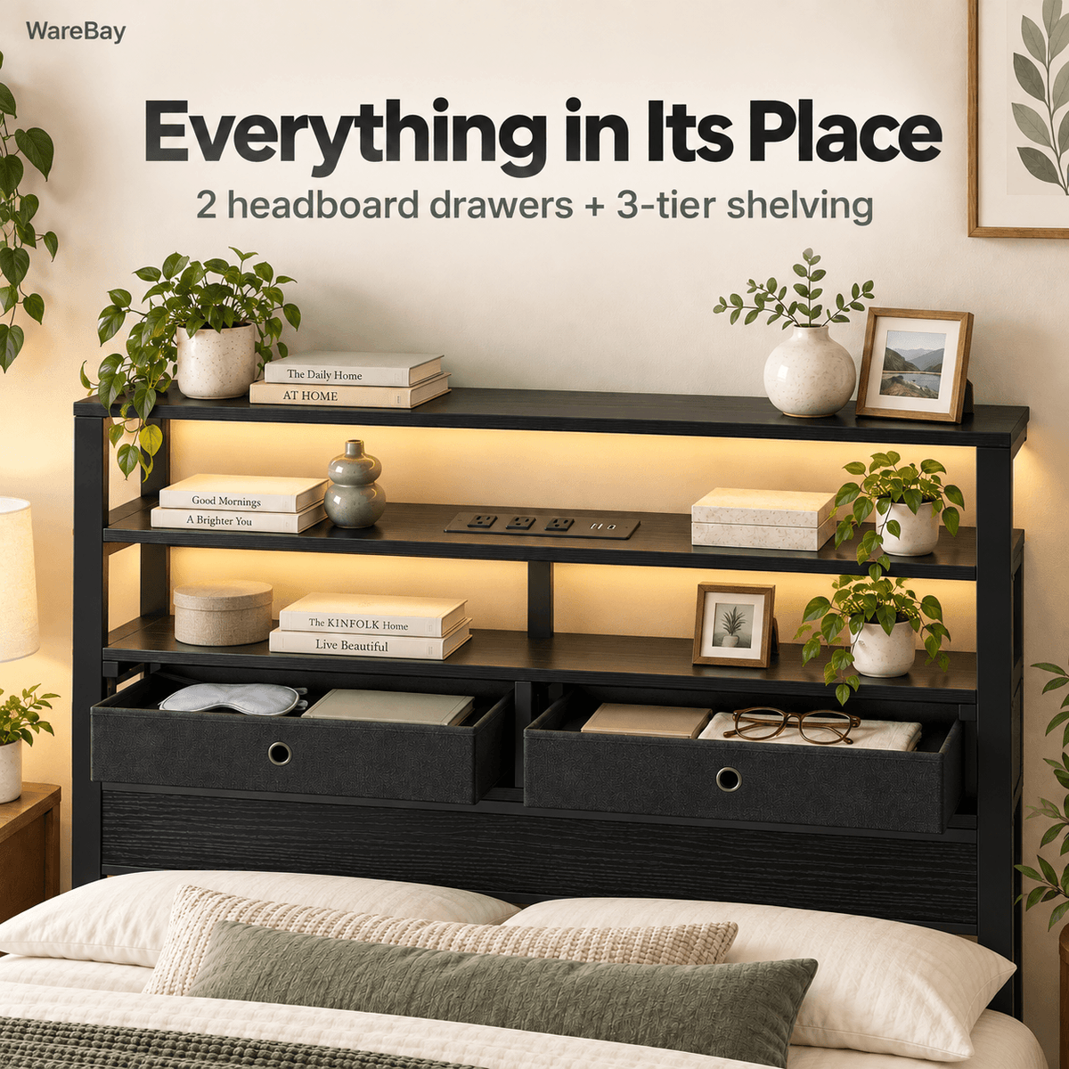 Platform Bed Frame with LED Lights, Charging Station & Storage Drawers – Twin, Full, Queen & King