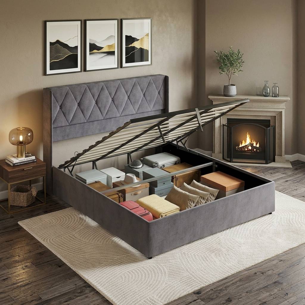 Velvet Gas-Lift Storage Bed Frame