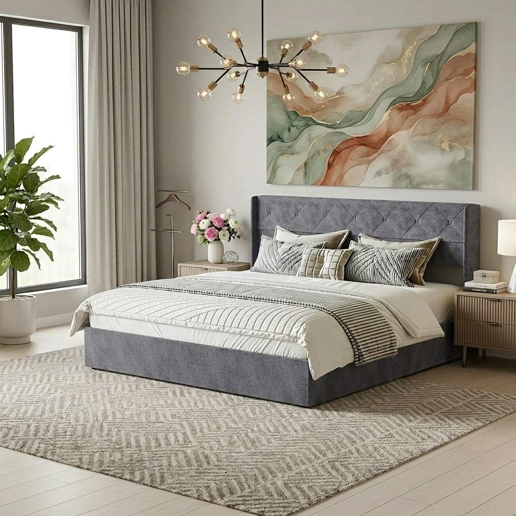 Velvet Gas-Lift Storage Bed Frame
