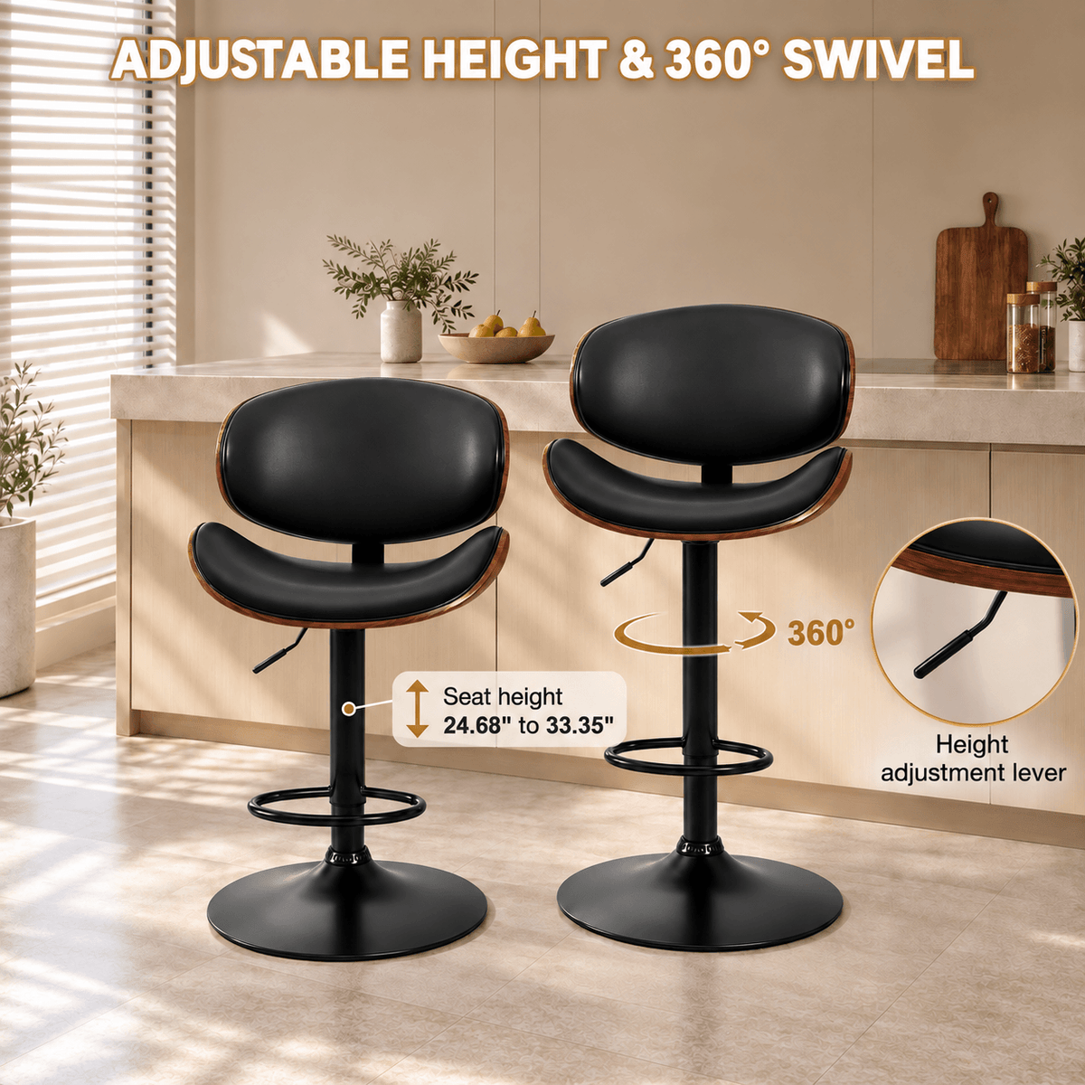 Modern Adjustable Wood Swivel Bar Stools with PU Leather