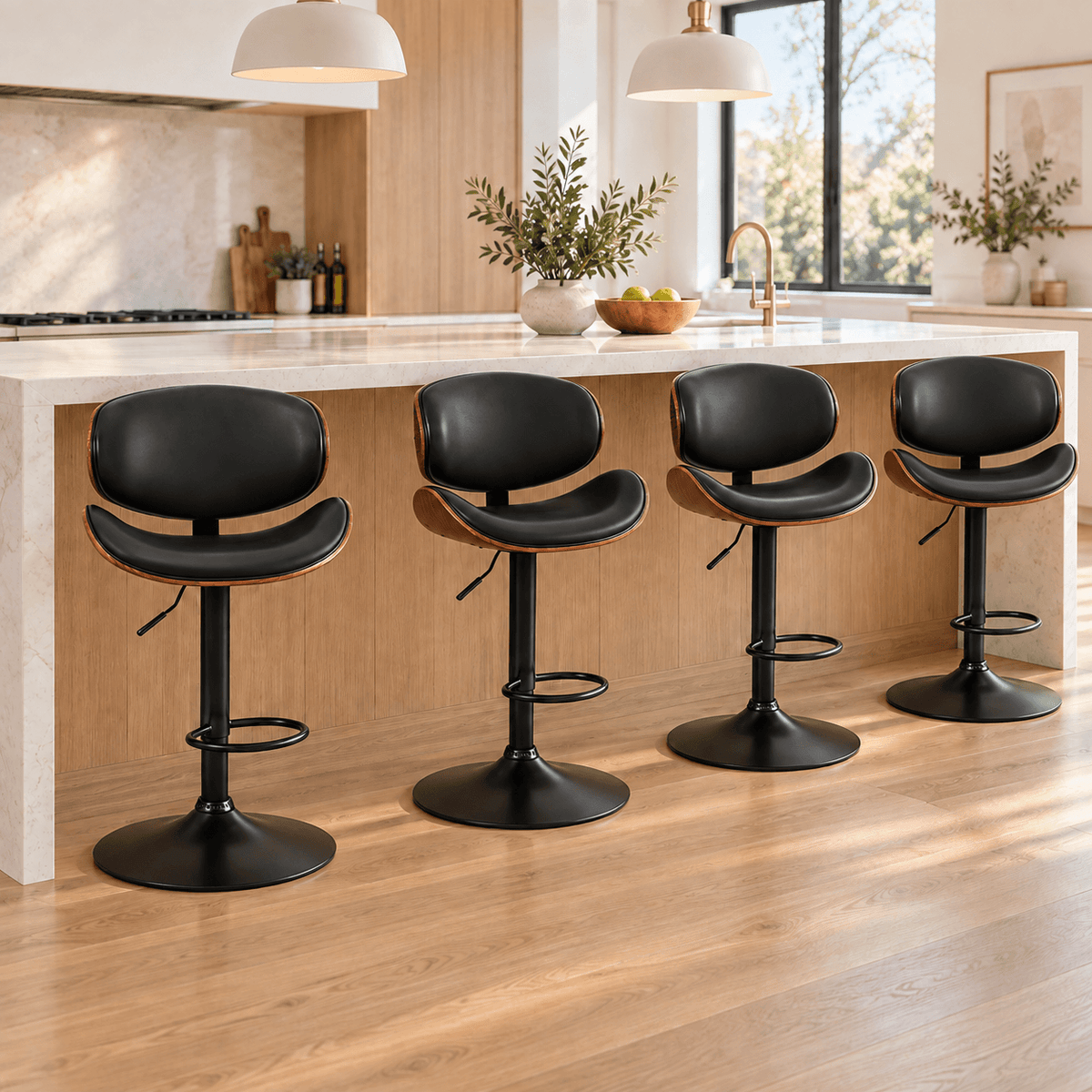 Modern Adjustable Wood Swivel Bar Stools with PU Leather