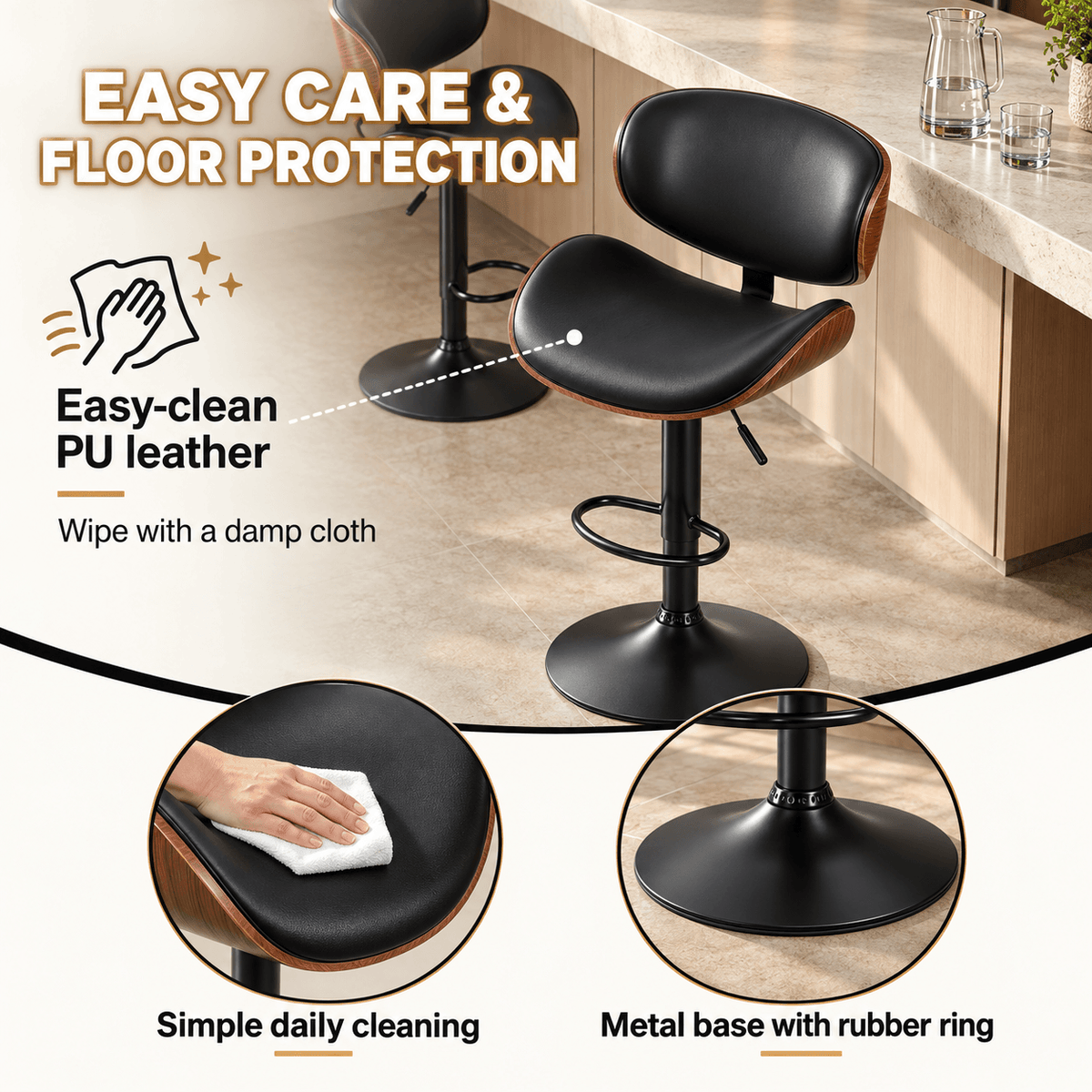 Modern Adjustable Wood Swivel Bar Stools with PU Leather