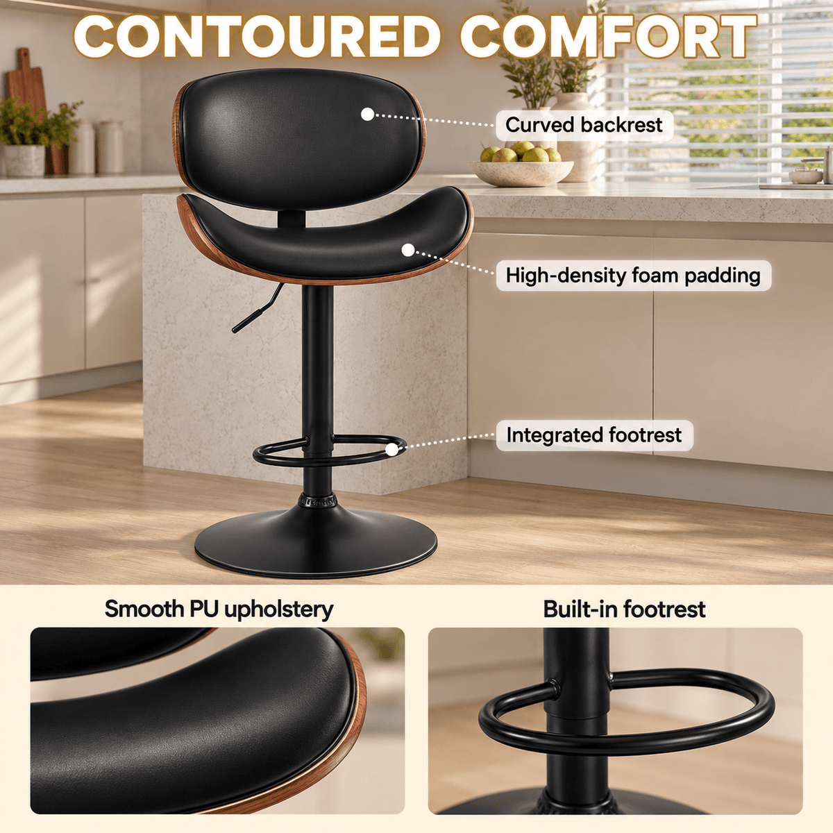 Modern Adjustable Wood Swivel Bar Stools with PU Leather