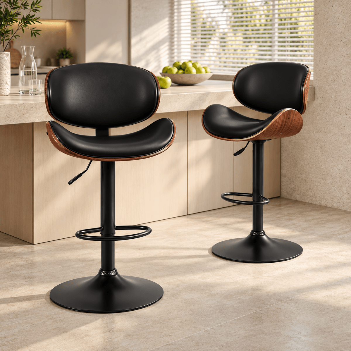 Modern Adjustable Wood Swivel Bar Stools with PU Leather