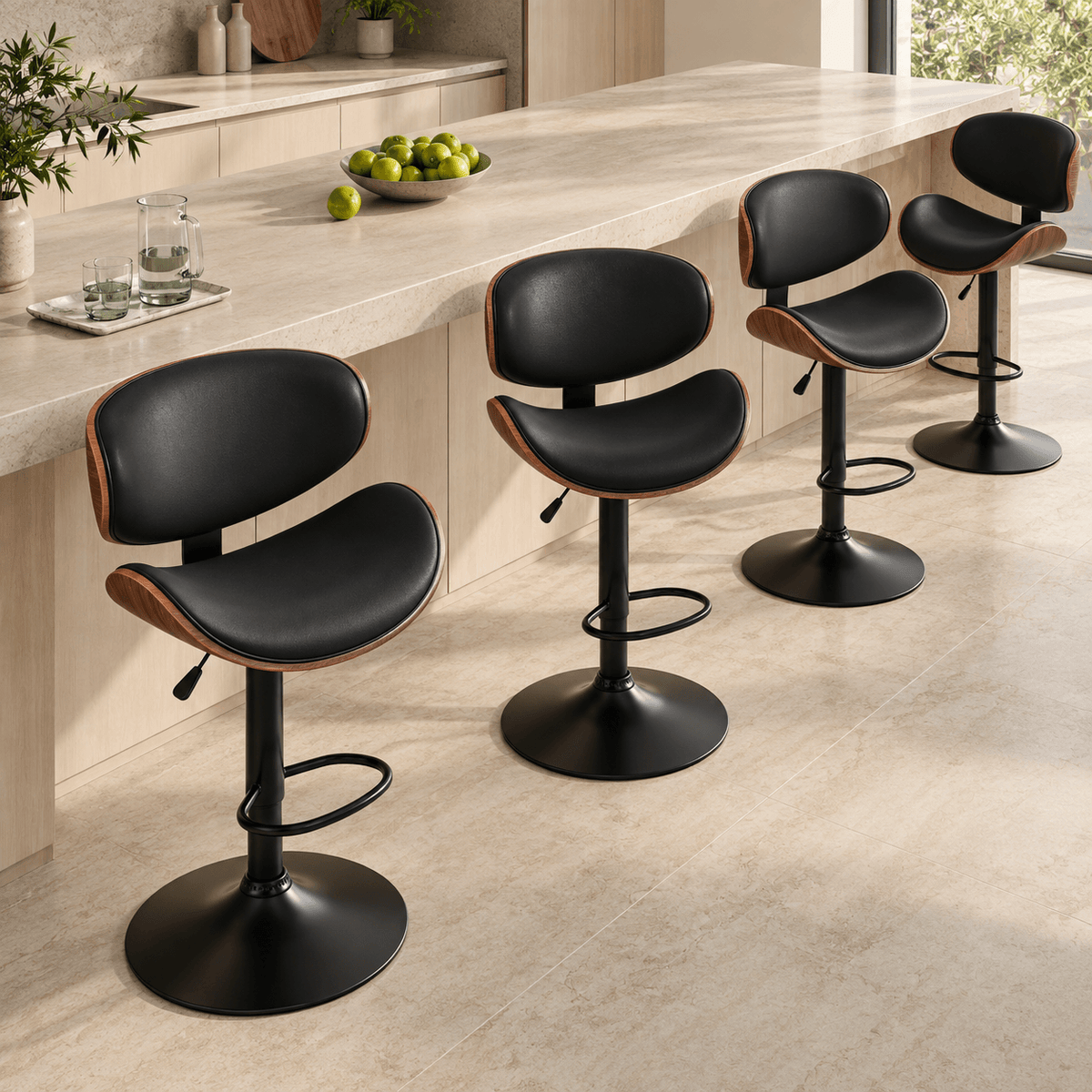Modern Adjustable Wood Swivel Bar Stools with PU Leather