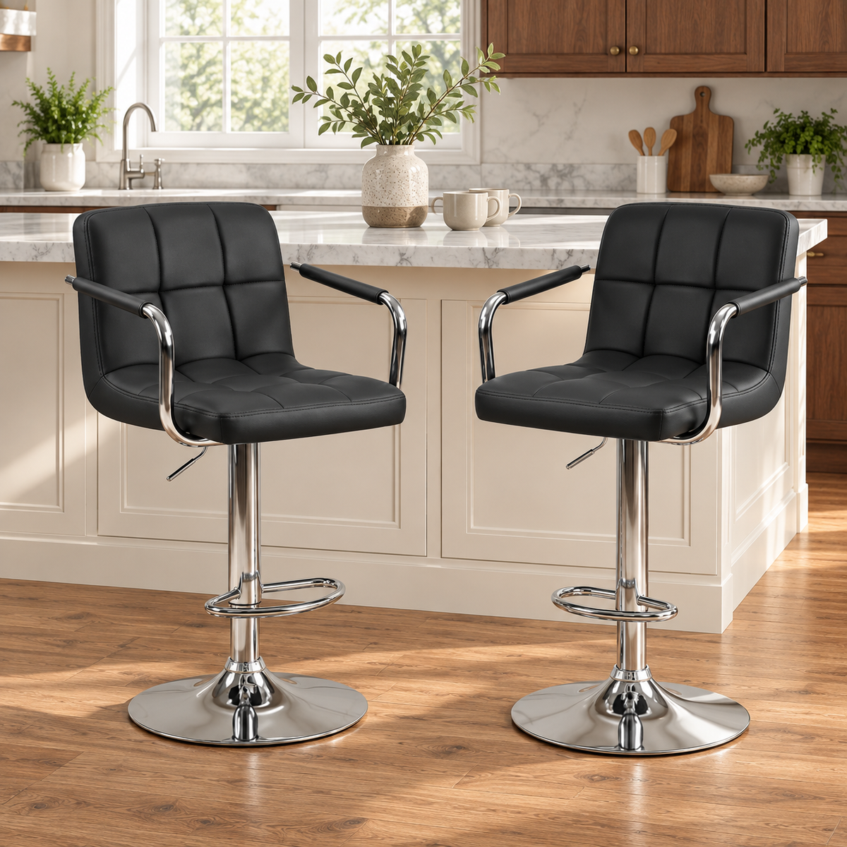 Adjustable Swivel Bar Stools with Padded Arms & PU Leather for Kitchen Island