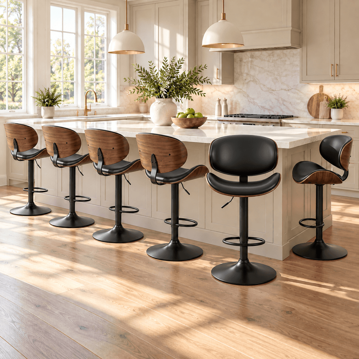 Modern Adjustable Wood Swivel Bar Stools with PU Leather