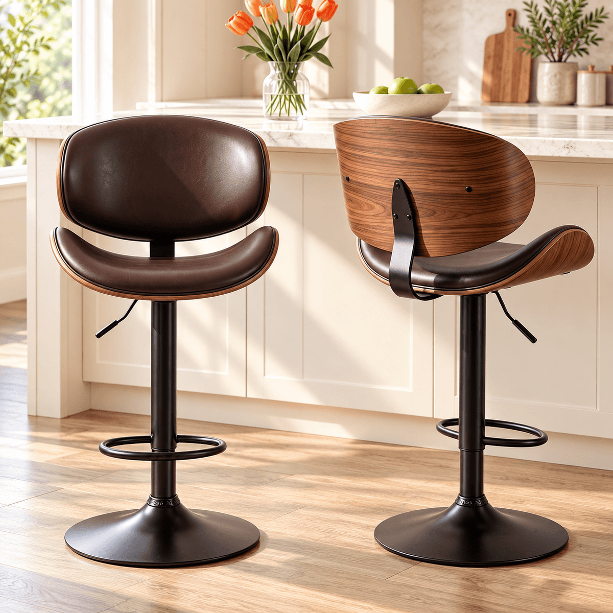 Modern Adjustable Wood Swivel Bar Stools with PU Leather