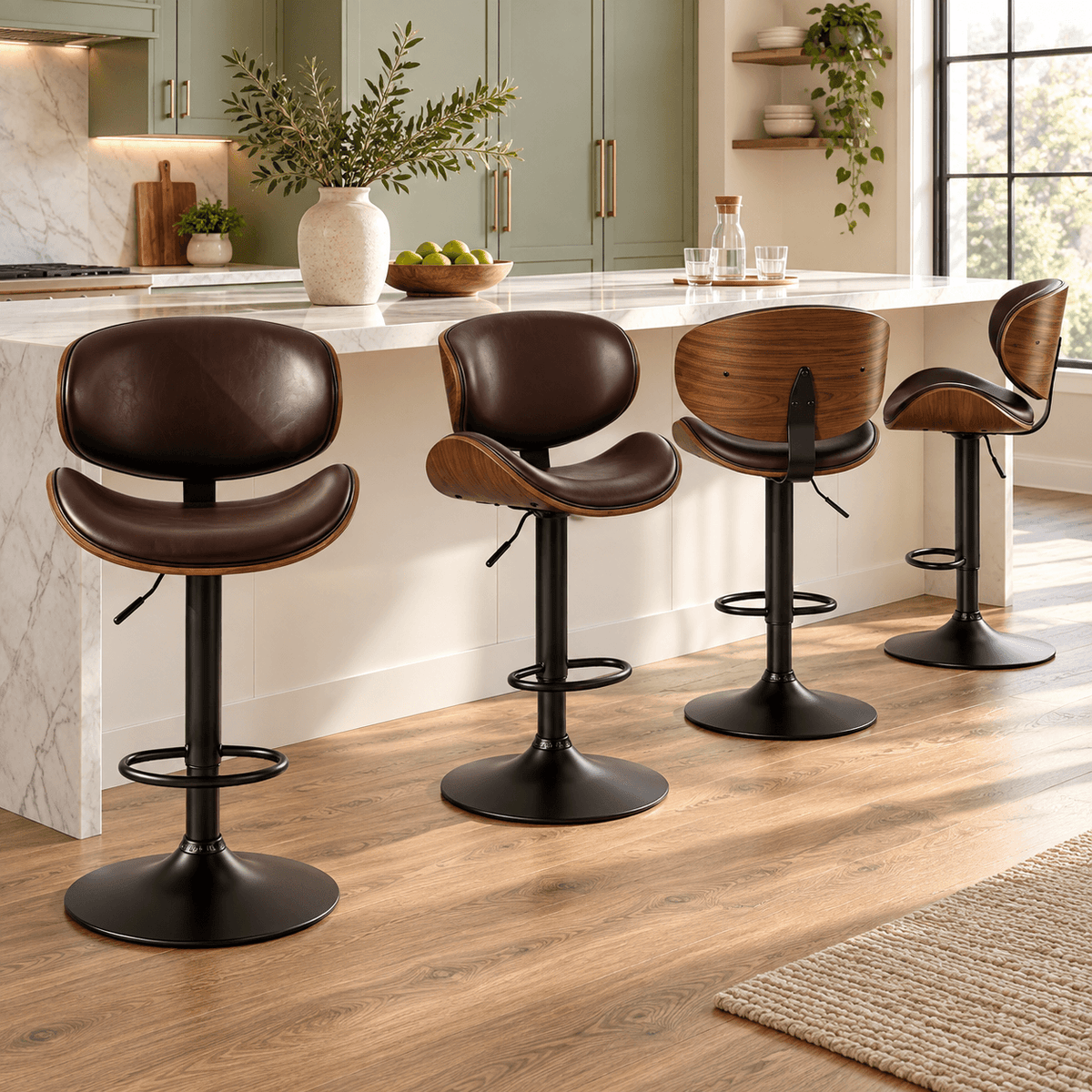 Modern Adjustable Wood Swivel Bar Stools with PU Leather