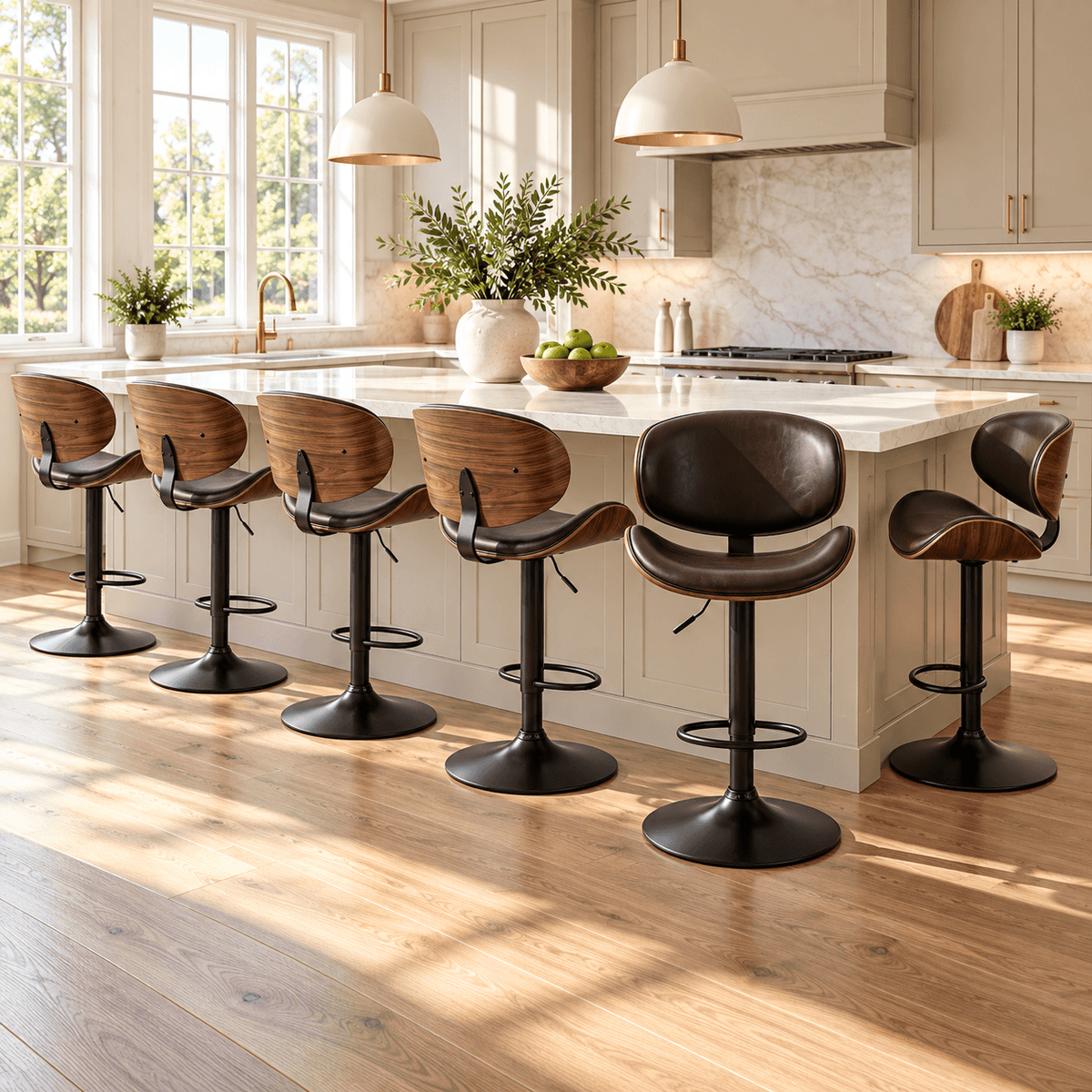 Modern Adjustable Wood Swivel Bar Stools with PU Leather