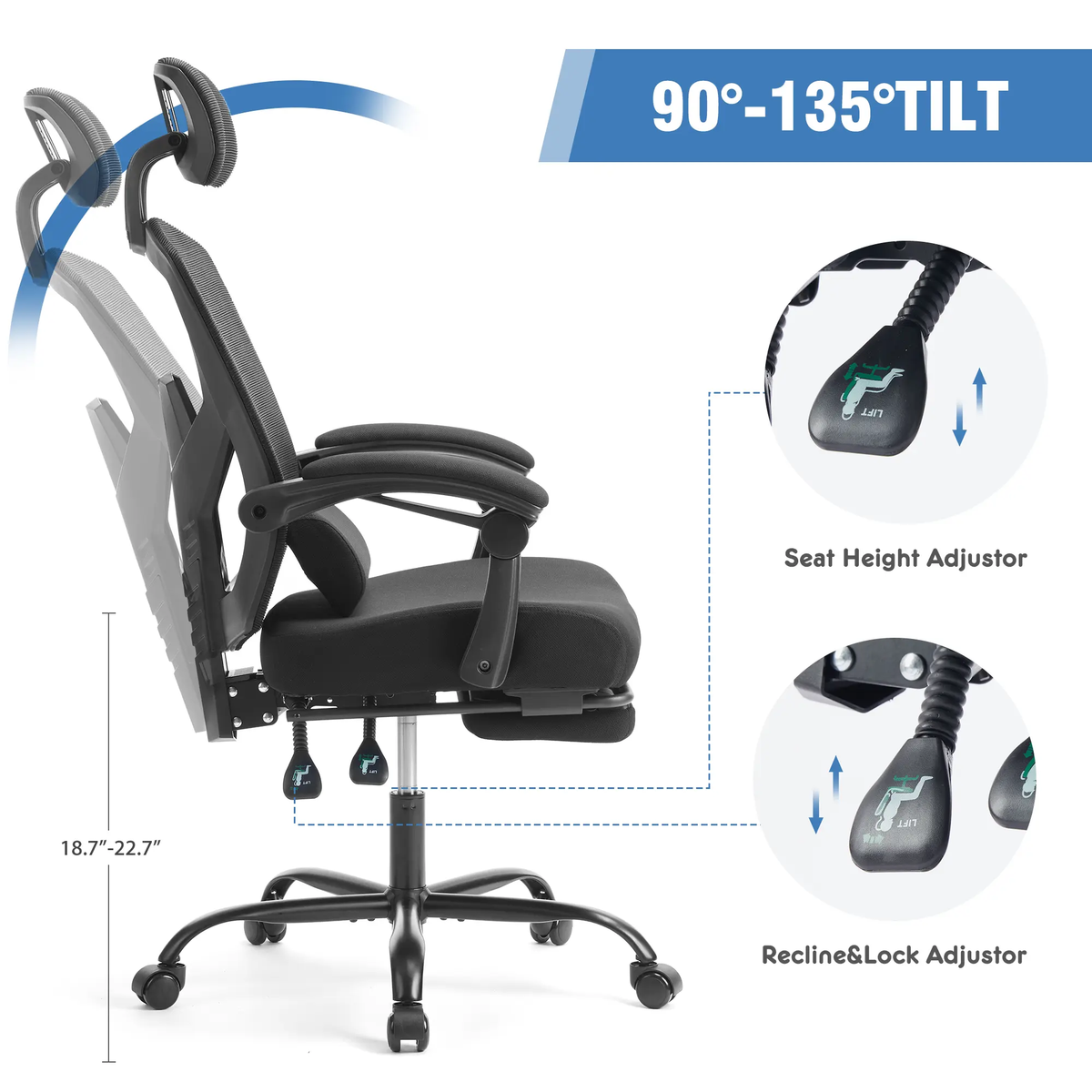 Ergonomic Mesh Office Chair with Retractable Footrest 