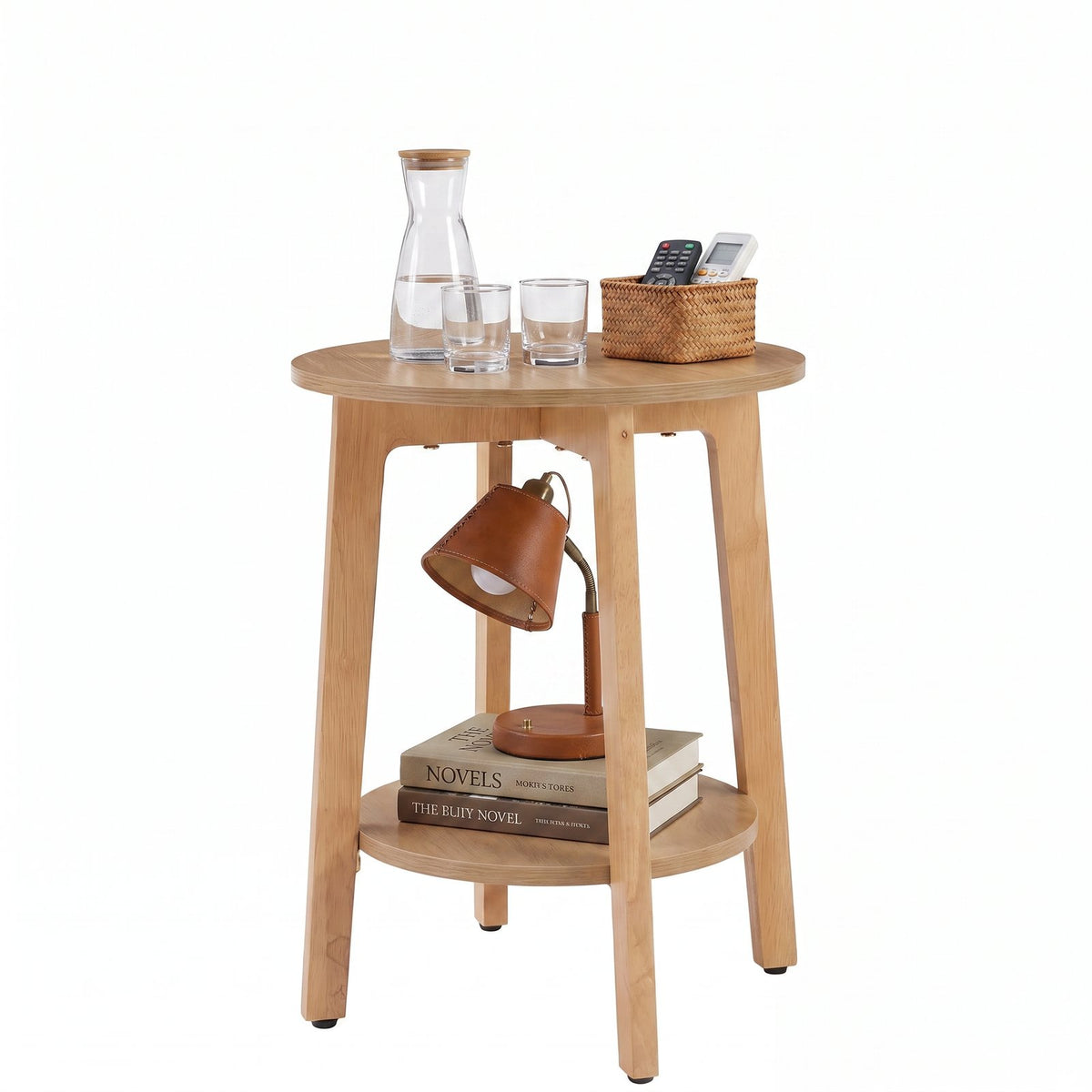 Round Wooden Bedside Table with Double-Layer Storage Shelves & Non-Slip Pads – 220 lbs Capacity