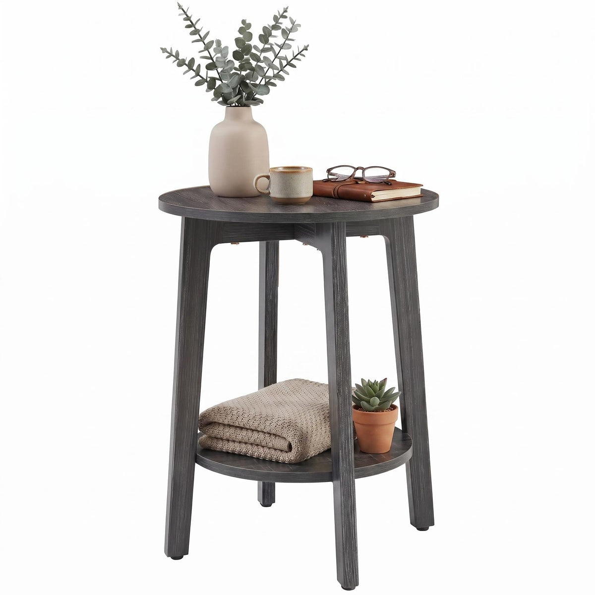 Round Wooden Bedside Table with Double-Layer Storage Shelves & Non-Slip Pads – 220 lbs Capacity