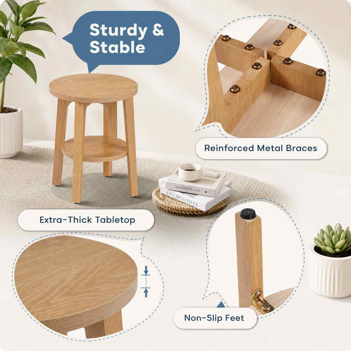 Round Wooden Bedside Table with Double-Layer Storage Shelves & Non-Slip Pads – 220 lbs Capacity