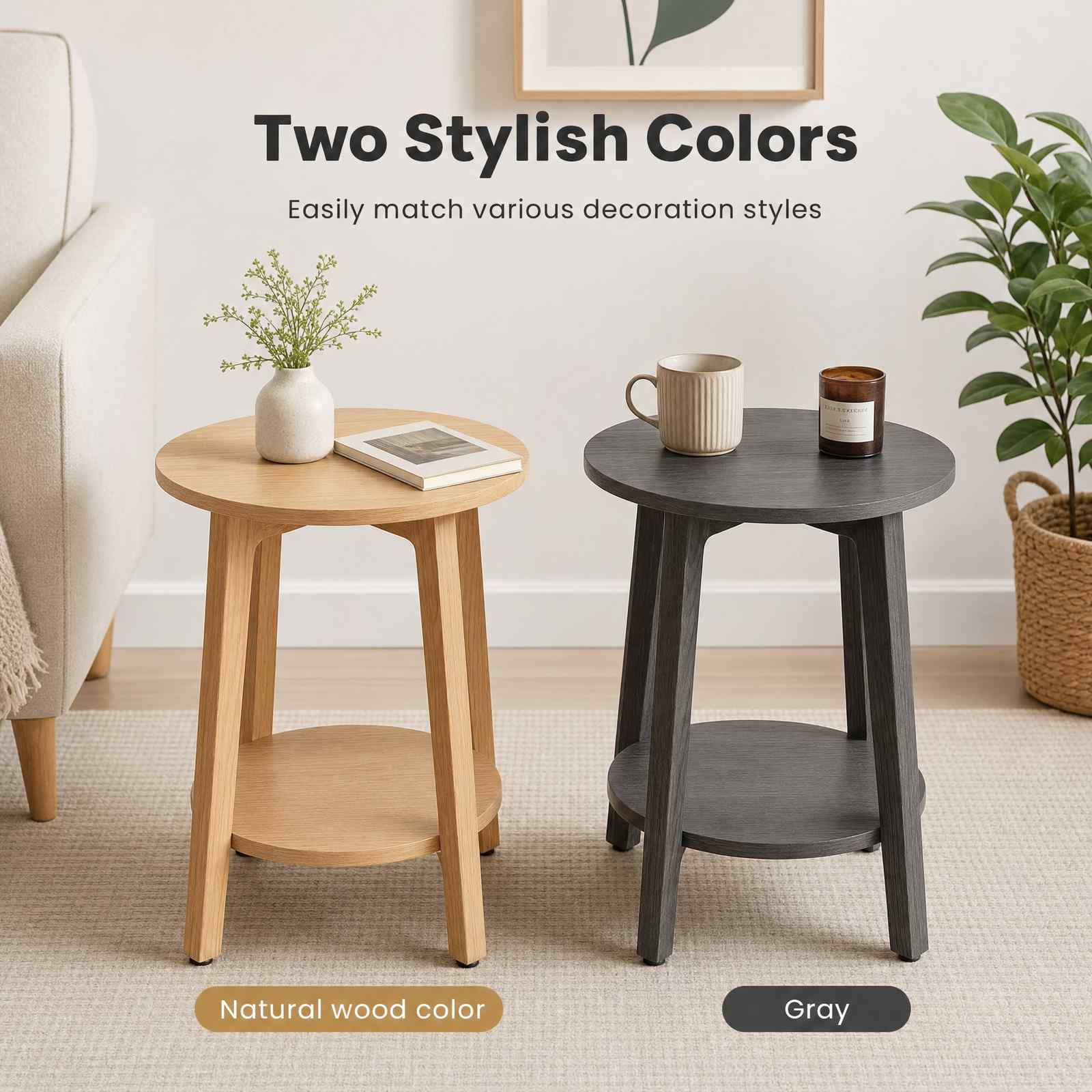 Round Wooden Bedside Table with Double-Layer Storage Shelves & Non-Slip Pads – 220 lbs Capacity
