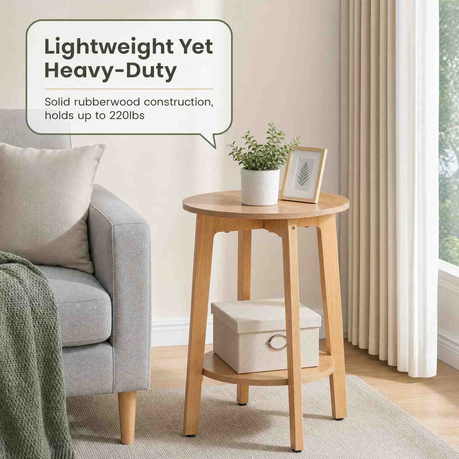 Round Wooden Bedside Table with Double-Layer Storage Shelves & Non-Slip Pads – 220 lbs Capacity