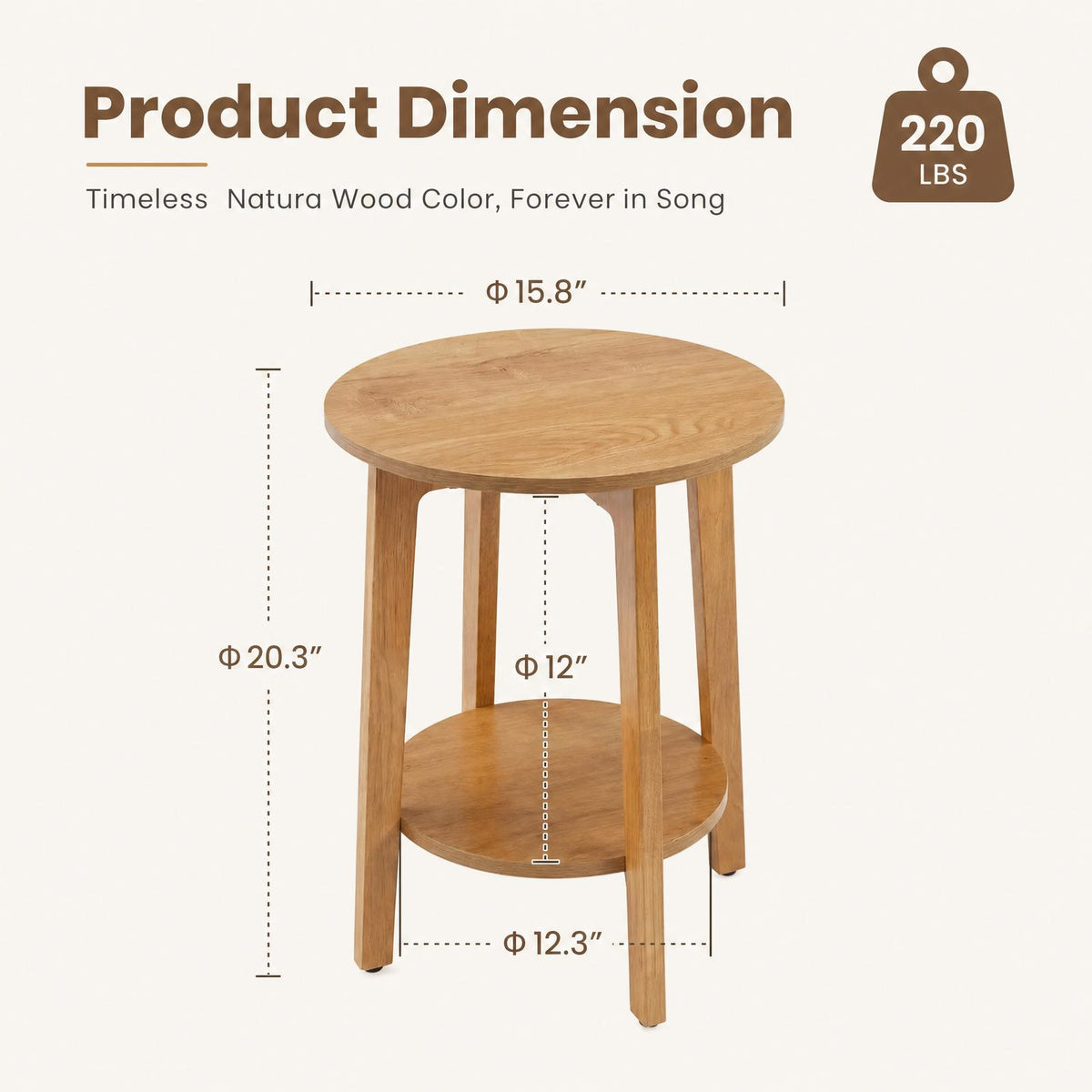 Round Wooden Bedside Table with Double-Layer Storage Shelves & Non-Slip Pads – 220 lbs Capacity