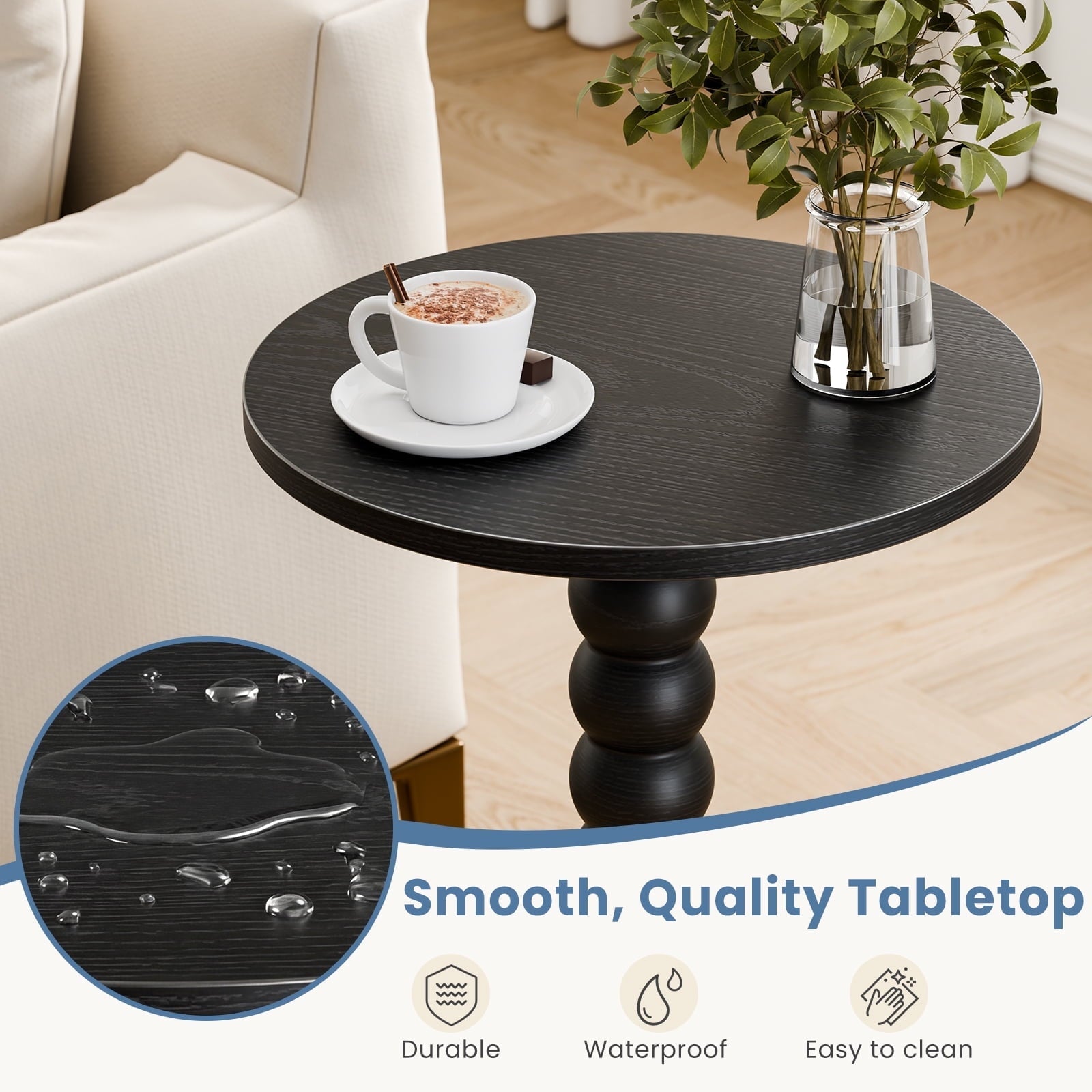 Round Side Table with Waterproof Top | Compact Wood Accent End Table for Sofa, Bedside & Small Spaces