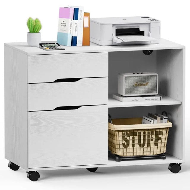 3-Drawer Rolling Filing Cabinet with Printer Stand, Mobile Office Storage Cabinet on Wheels with Locking Casters