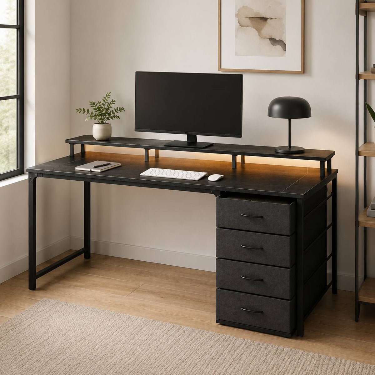 LED Computer Desk with Drawers and Charging