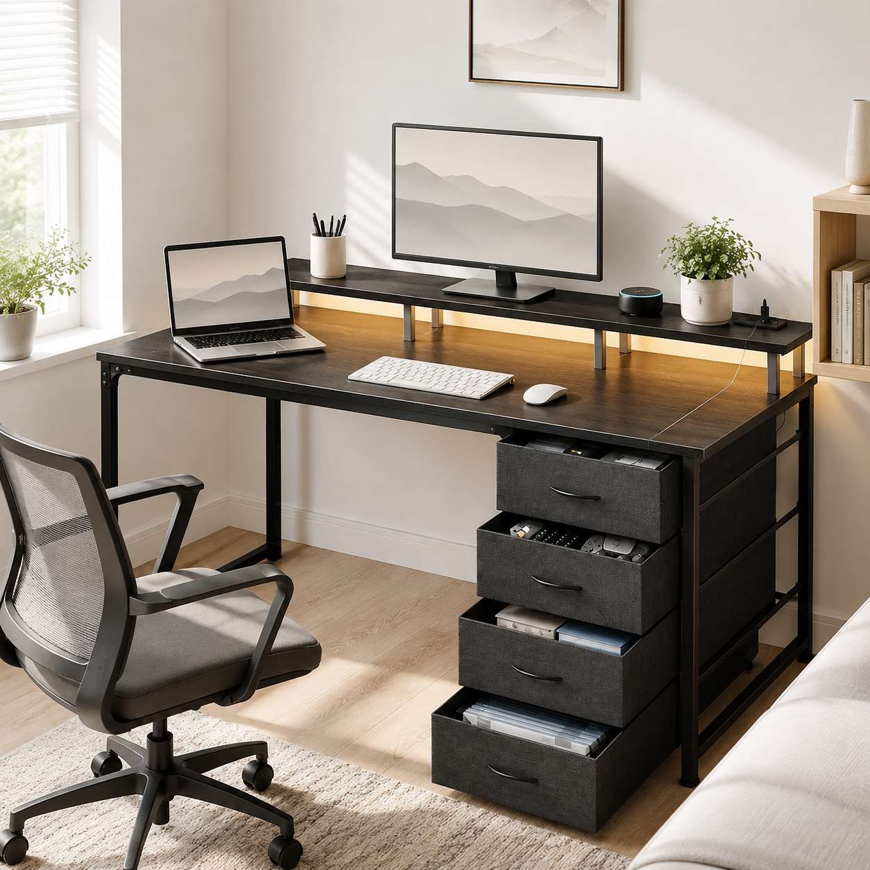 LED Computer Desk with Drawers and Charging