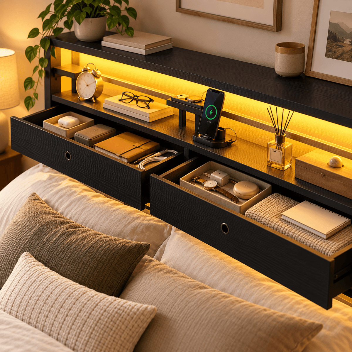 Platform Bed Frame with LED Lights, Charging Station & Storage Drawers – Twin, Full, Queen & King