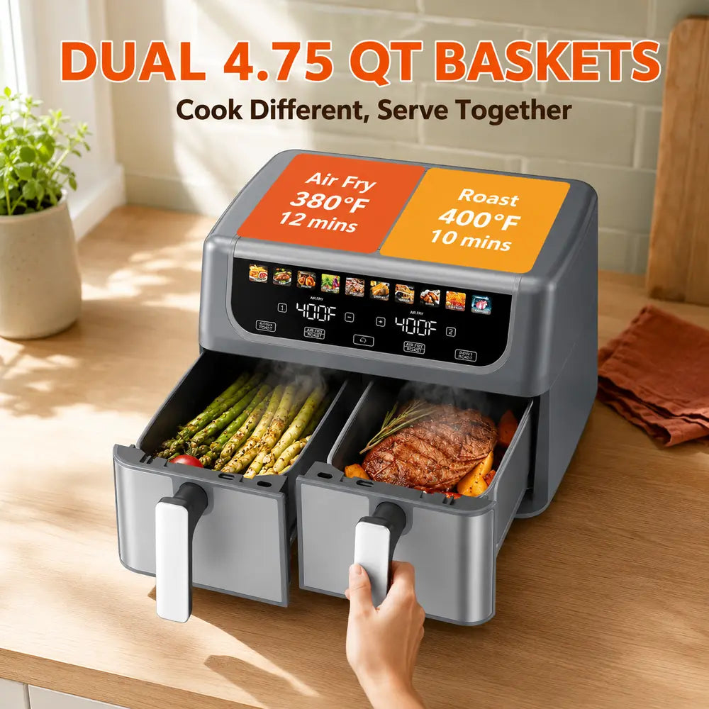 Dual Basket Air Fryer – 9.5L Large Capacity, Independent Temp Control & 10 Preset Cooking Modes