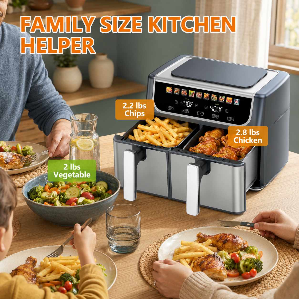 Dual Basket Air Fryer – 9.5L Large Capacity, Independent Temp Control & 10 Preset Cooking Modes