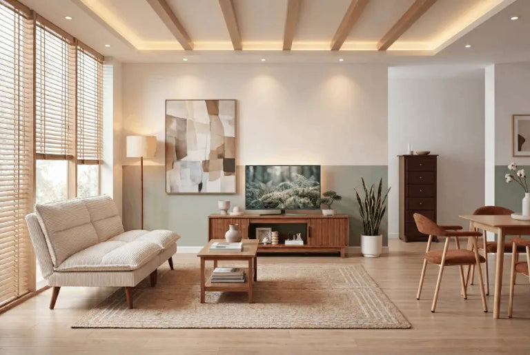 Modern living room with beige sofa, wooden coffee table, and TV stand.
